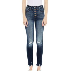 KanCan High Rise Button-Fly Distressed Skinny Ankle Jeans - Dark Blue Wash